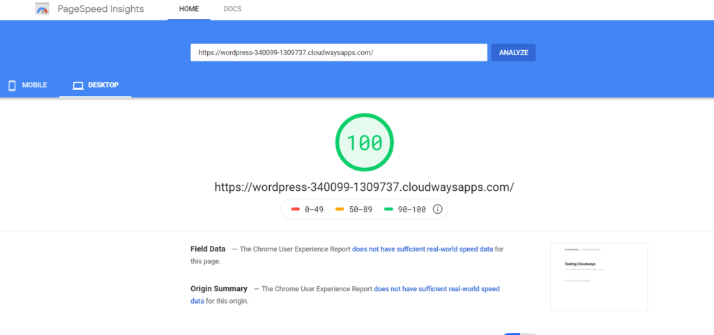 Cloudways PageSpeed ​​Insight-Desktop