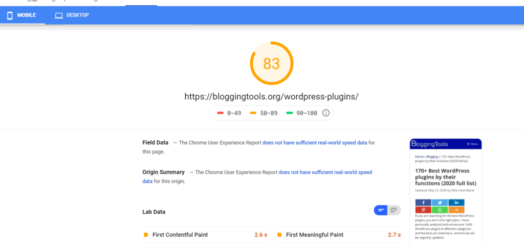 Herramientas de blogs de Cloudways PageSpeed ​​insight mobile