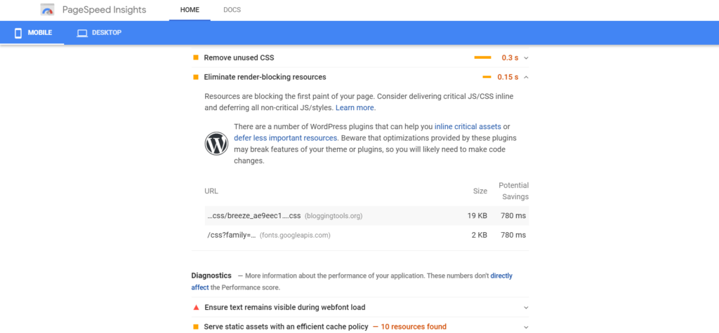 PageSpeed Insight mobile